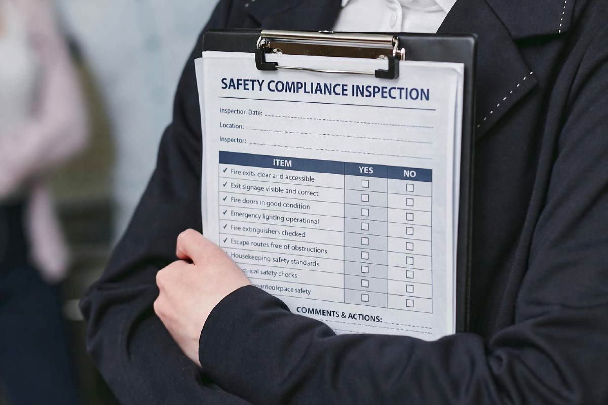Safety compliance inspection checklist for fire risk assessment and health and safety assessment in London
